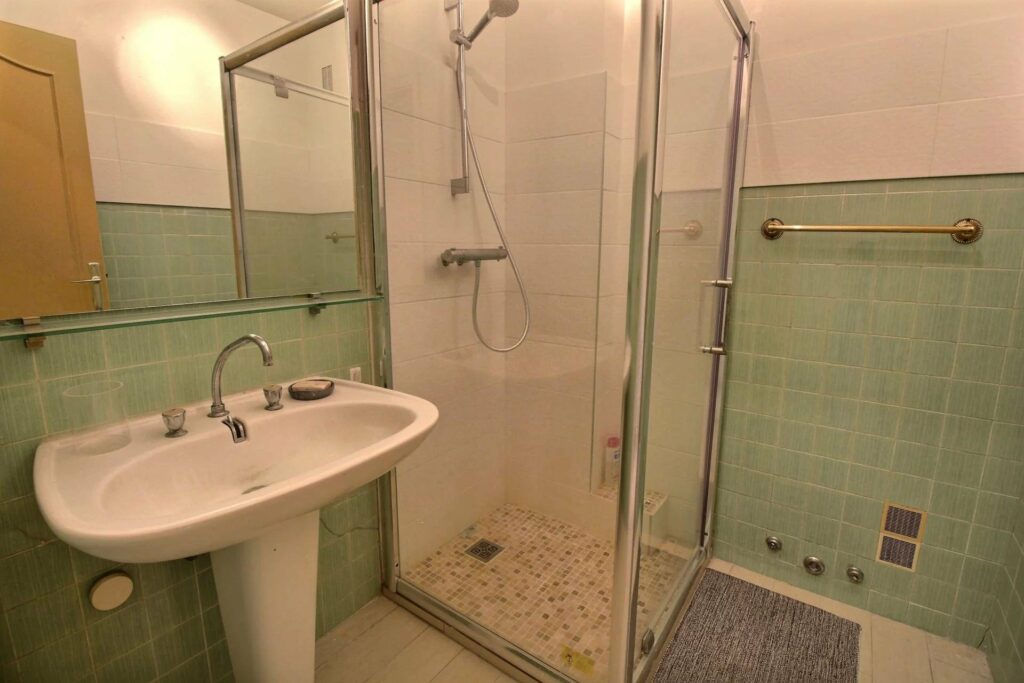 small bathroom with standing glass shower and square tiling