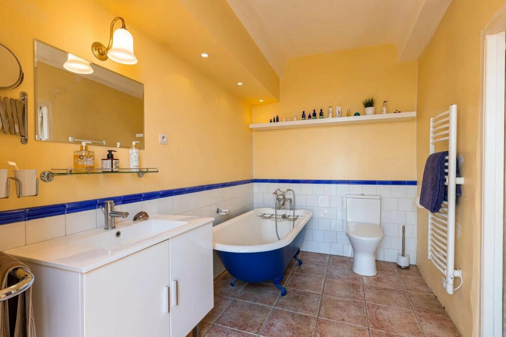 bathroom with white and blue bathtub and