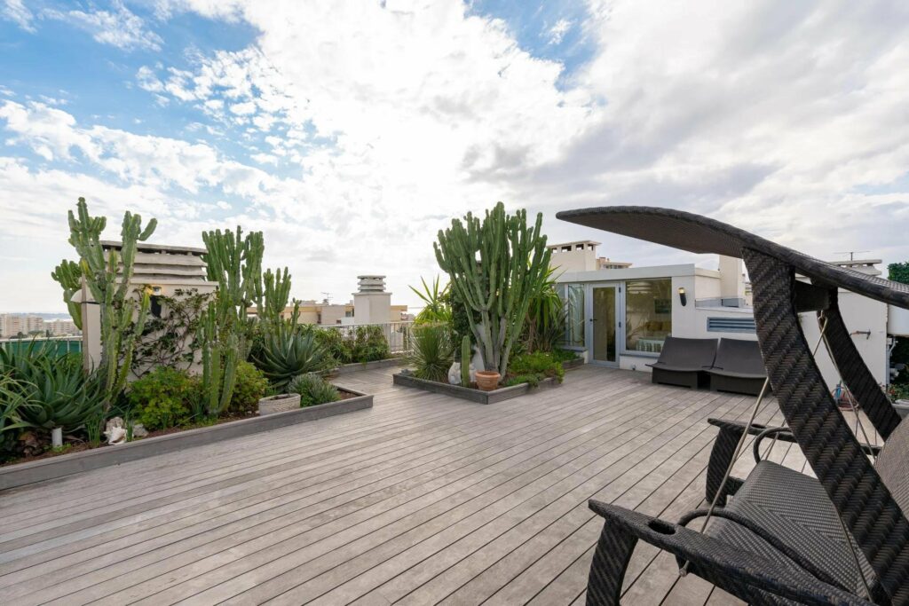 rooftop terrace with view of antibes with wooden deck