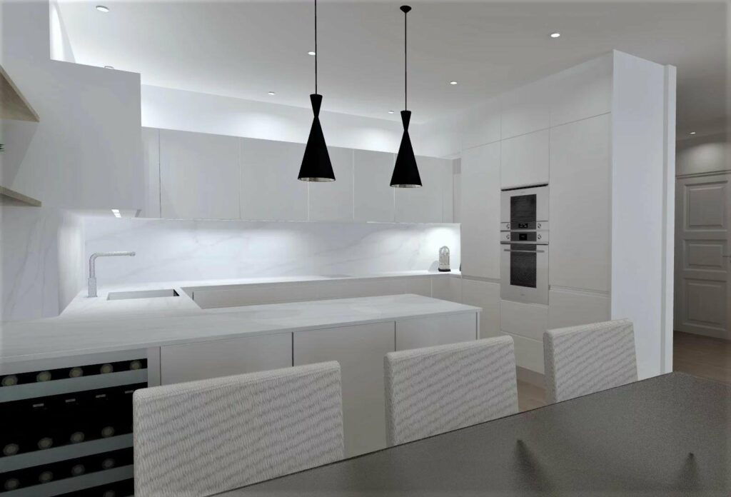modern kitchen with two hanging black light fixtures
