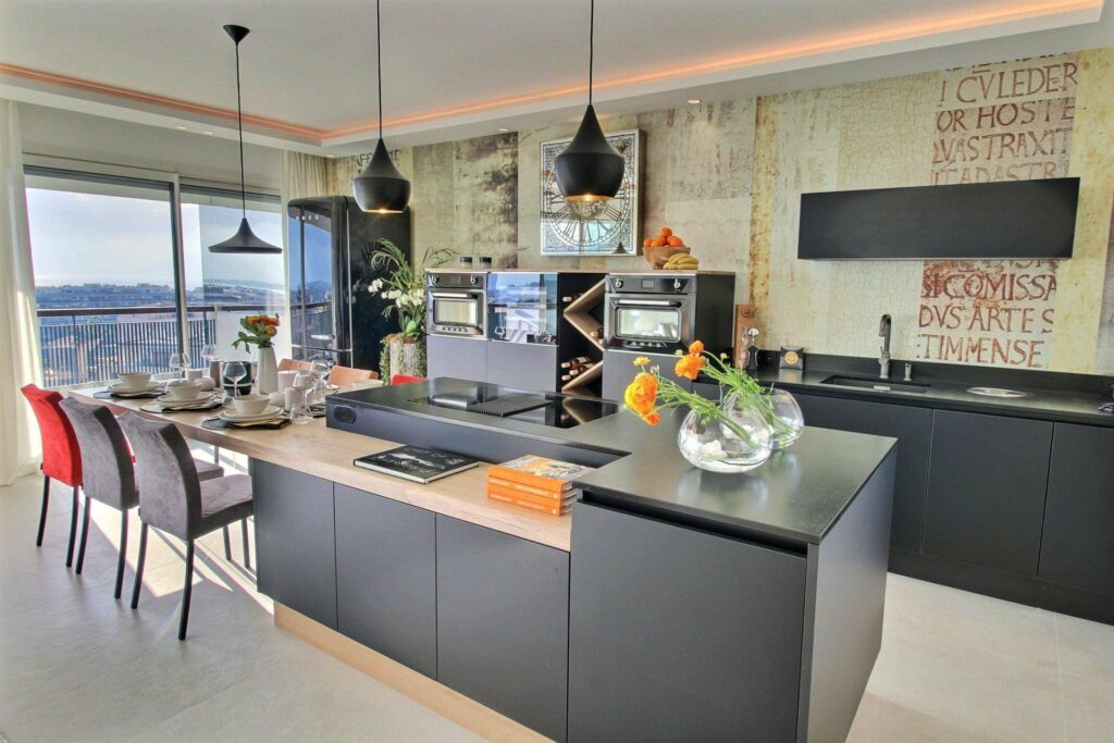 kitchen with grey cabinets and beige tile floors