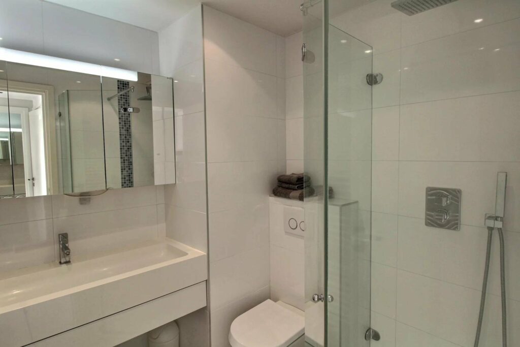 bathroom with standing glass shower and white toilet