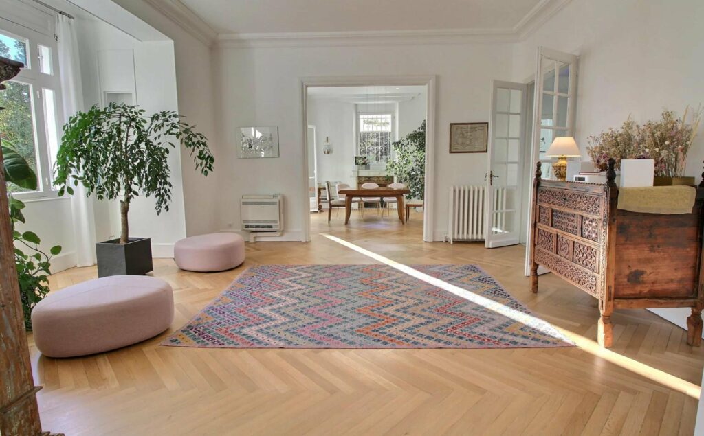 entrance area with pink and blue chevron rug and two round pink chairs