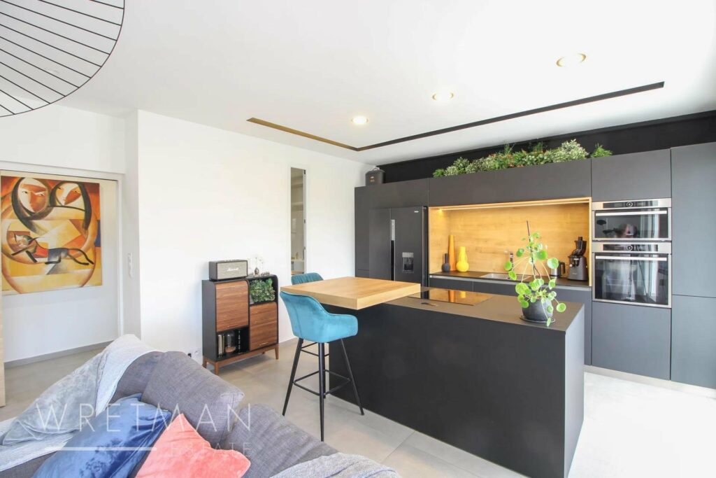 kitchen with matte black cabinets and modern design