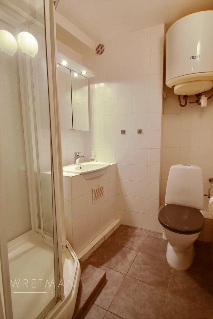 bathroom with dark brown tile floors and small standing shower in the corner