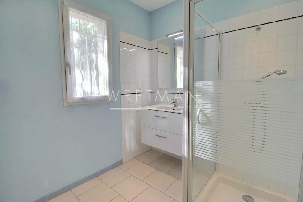 shower room with blue walls and single sink